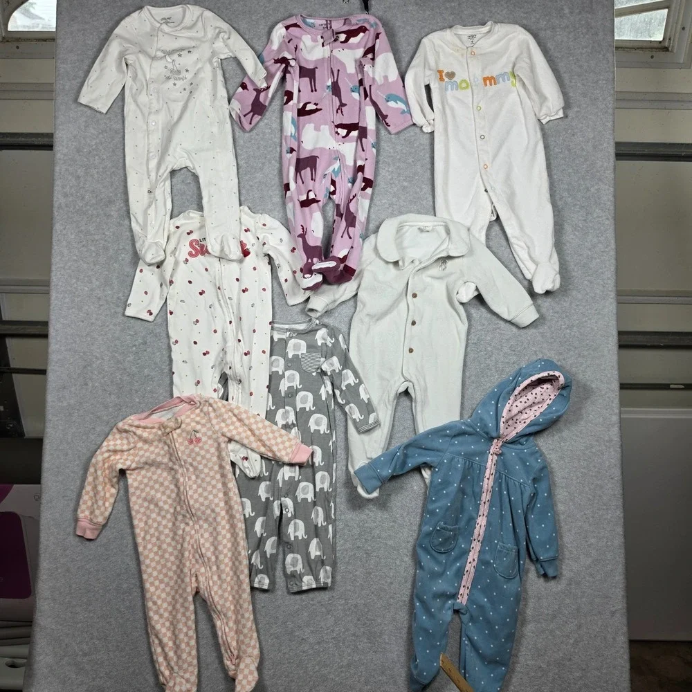 Lot of 8 One Piece Carters Full Suit Girls Size 9 Months Multicolor Pajamas PJs